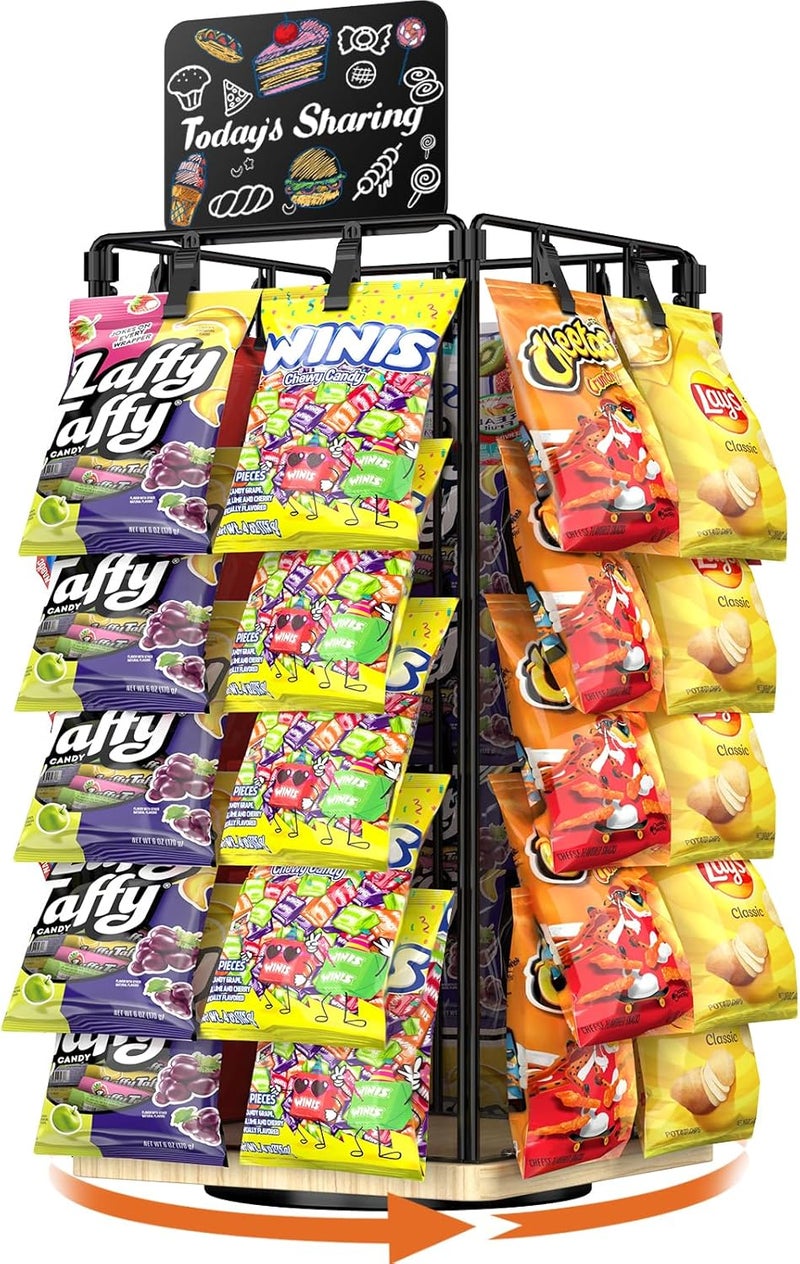 OFUSUY Chip Rack Display Stand, 5 Tiers 40 Clips Display Stand, 360°Rotating Wooden Base Chip Bag Holder for Concession Stand, Snack Organizer for Christmas Party, Retail, with Message Board - Image 1